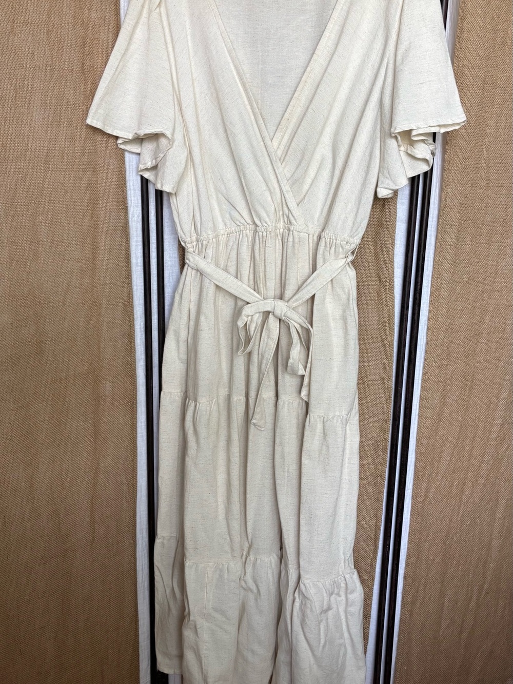 Linen Blend Beige Wrap Style Tiered Maxi Dress with Belt No Size Tag See Photos
